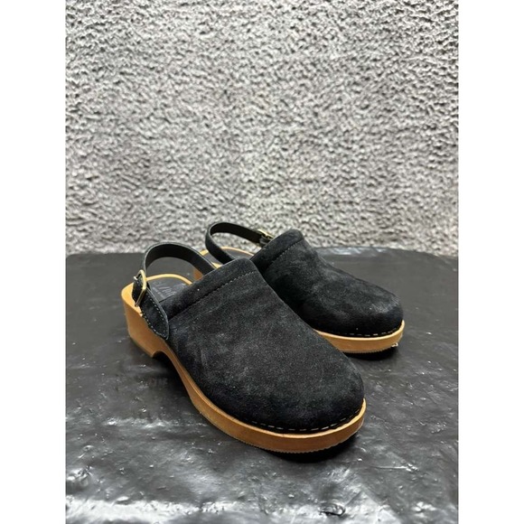 Re/Done Wooden-Platform Leather Slip On Buckle Clogs Black Womens Size 37 EU - Picture 1 of 10